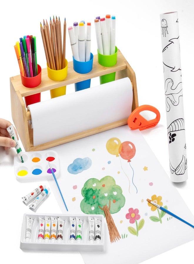 Payarma Paper Roll Dispenser for Kids Art Tabletop Easel with Blank & Patterned Paper Rolls, 12 Pigments, Drawing Tools, Pen Cups Craft Station for Kids Ages 3-8 in Home, Classroom - Image 1